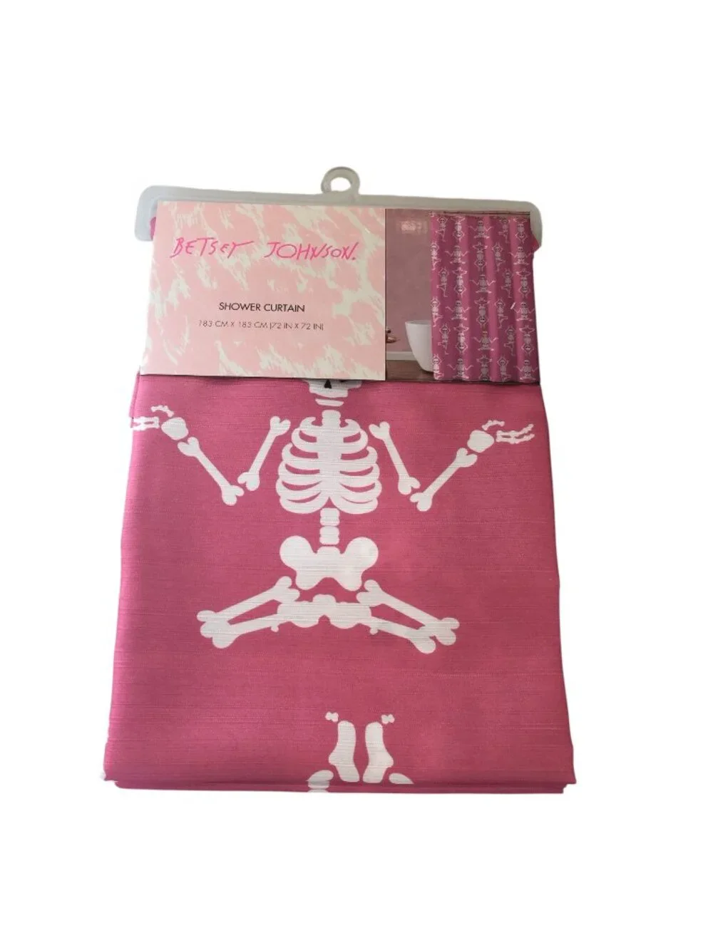 Betsey Johnson Halloween Pink Yoga Skeletons Shower Curtain